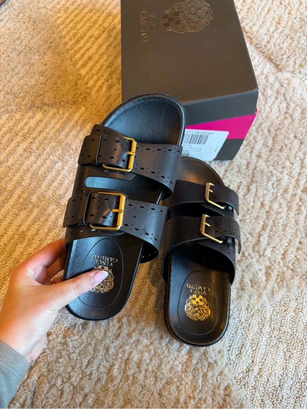 Vince Camuto‎ Black Double-Buckle Perforated Slide Sandals with Gold Buckles